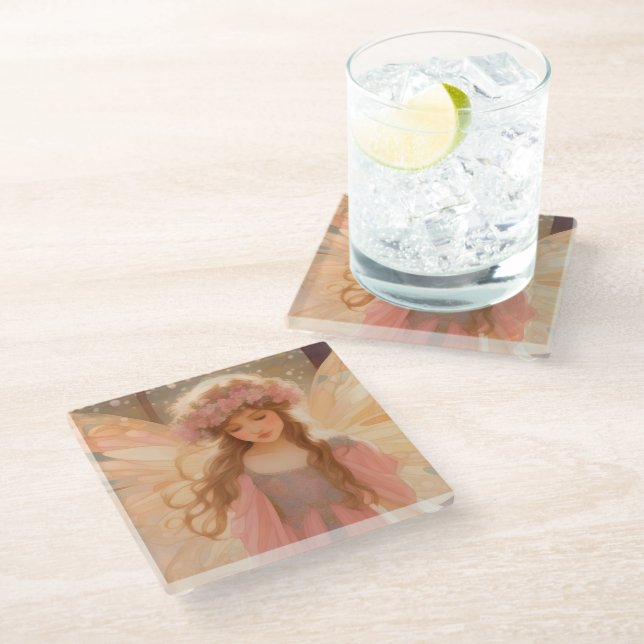 Dessous-de-verre En Verre Peinture Imaginaire Fée Rose Cute (Incliné)