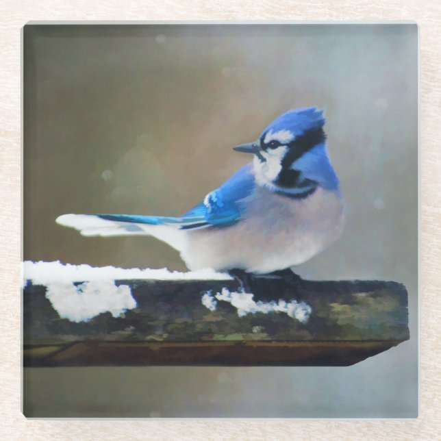 Dessous-de-verre En Verre Peinture Jay Bleu - Art Oiseau Original (Devant)