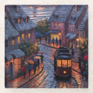 Dessous-de-verre En Verre Peinture numérique d'une belle ville sur l'eau