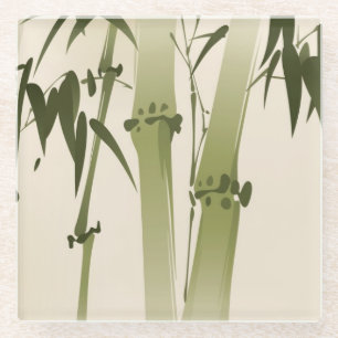 Dessous-de-verre En Verre Peinture orientale de style, branches 2 de bambou