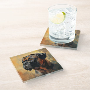 DESSOUS-DE-VERRE EN VERRE PEINTURE TONNE ET CHIEN BULLMASTIFF NOIR