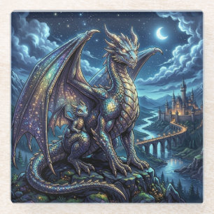 Dessous-de-verre En Verre Père et fils dragons célestes éclairés par la lune