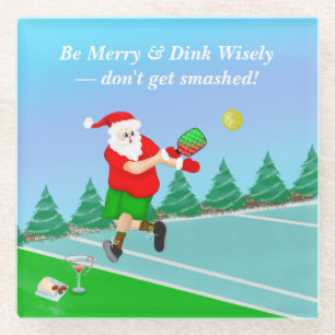Dessous-de-verre En Verre Père Noël drôle jouant au pickleball Merry Volley 