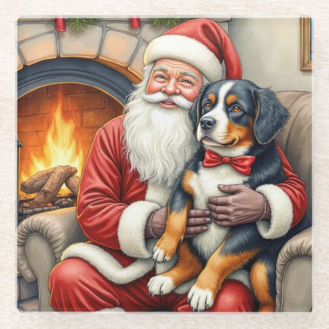 Dessous-de-verre En Verre Père Noël tenant un chien de montagne bernois pour (Devant)