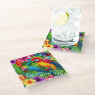 Dessous-de-verre En Verre Perroquet 3 Oiseaux Floral tropical palmiers bleu 