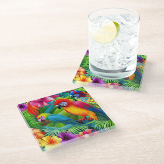 Dessous-de-verre En Verre Perroquet 3 Oiseaux Floral tropical palmiers bleu 