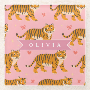 Dessous-de-verre En Verre Personnalisé Rose Tigre Chic Branché Amusant Esthé