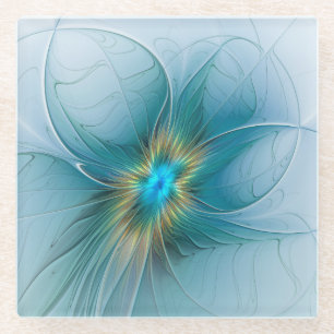 Dessous-de-verre En Verre Petite Beauté Moderne Bleu Or Fractal Art Flower