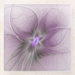 Dessous-de-verre En Verre Petite Beauté Moderne Gris Mauve Art Fractal Fleur