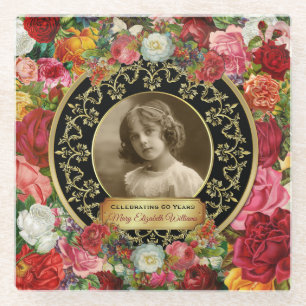Dessous-de-verre En Verre Photo Gold Roses magnifiques commémoratif Black O