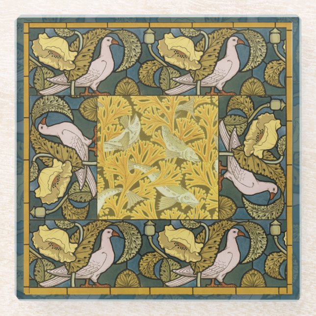 Dessous-de-verre En Verre Pigeon Blue Yellow Fish Art Nouveau (Devant)