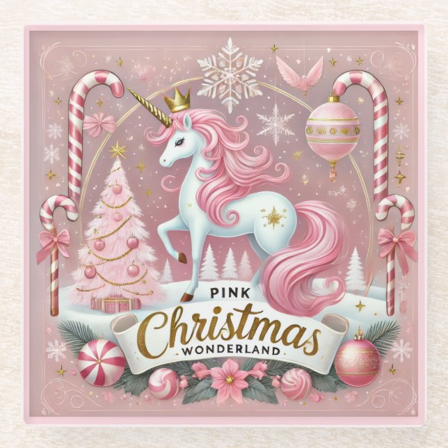Dessous-de-verre En Verre Pink Christmas Wonderland Unicorn (Devant)
