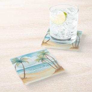 Dessous-de-verre En Verre Plage Hawaïenne Aquarelle Tropicale de Palmier