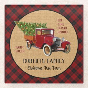 Dessous-de-verre En Verre Plaid rouge de camion vintage de ferme d'arbre de