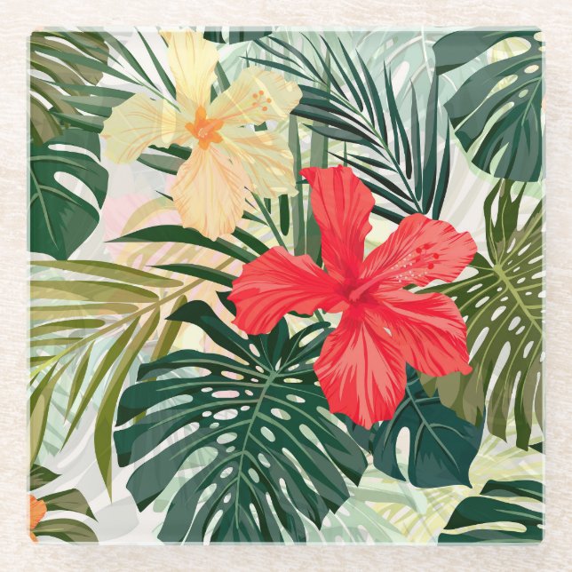 Dessous-de-verre En Verre Plantes tropicaux hawaïens, fleurs colorées. (Devant)
