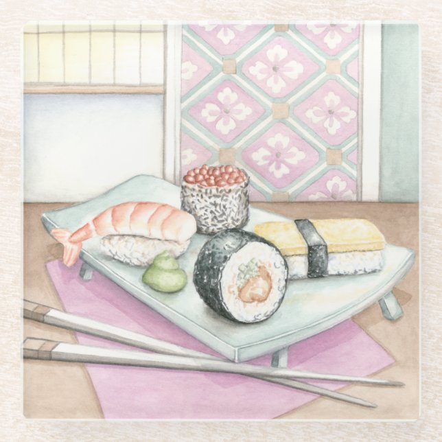 Dessous-de-verre En Verre Plat des sushi assortis avec des baguettes (Devant)
