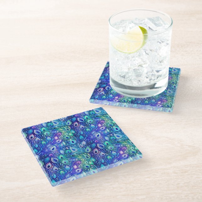 Dessous-de-verre En Verre Plumes de Peacock de Monnaie Bleue Violet (Incliné)