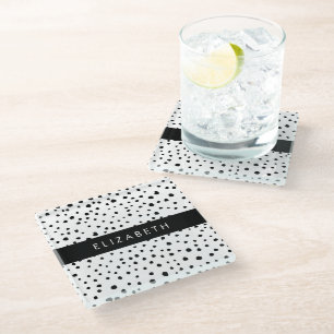 Dessous-de-verre En Verre Points dalmatiens, Spots, Noir et Blanc, Votre nom