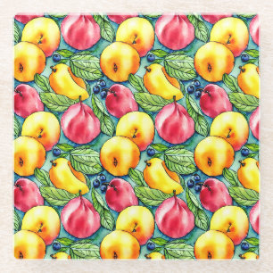 Dessous-de-verre En Verre Poire de pomme de fruits motif d'aquarelle d'été