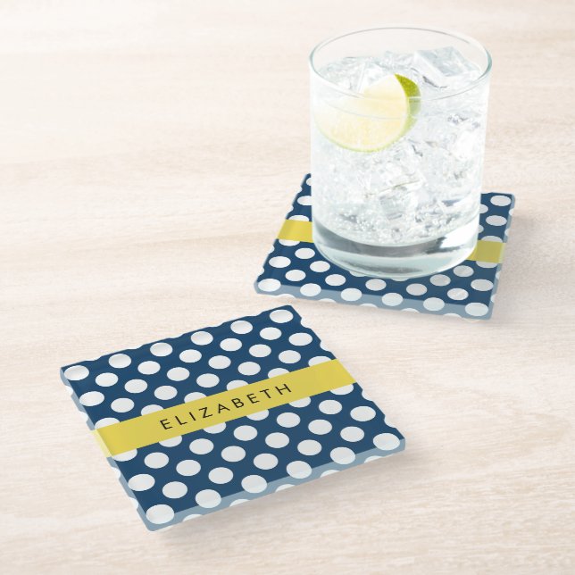 Dessous-de-verre En Verre Pois Bleus de la Marine, Motif Pot Polka, Votre No (Incliné)