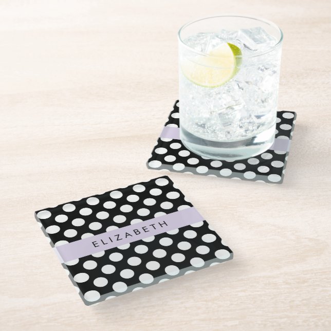 Dessous-de-verre En Verre Pois noirs et blancs, pointillés, Votre nom (Incliné)