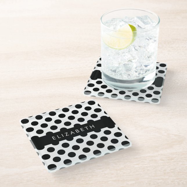 Dessous-de-verre En Verre Pois noirs et blancs, pointillés, Votre nom (Incliné)