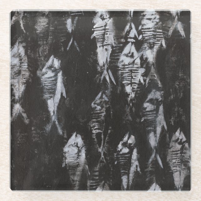 Dessous-de-verre En Verre Poisson blanc fossile sur Arrière - plan noir (Devant)