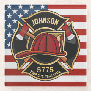 Dessous-de-verre En Verre Pompier Secourt incendie Département USA Drapeau p