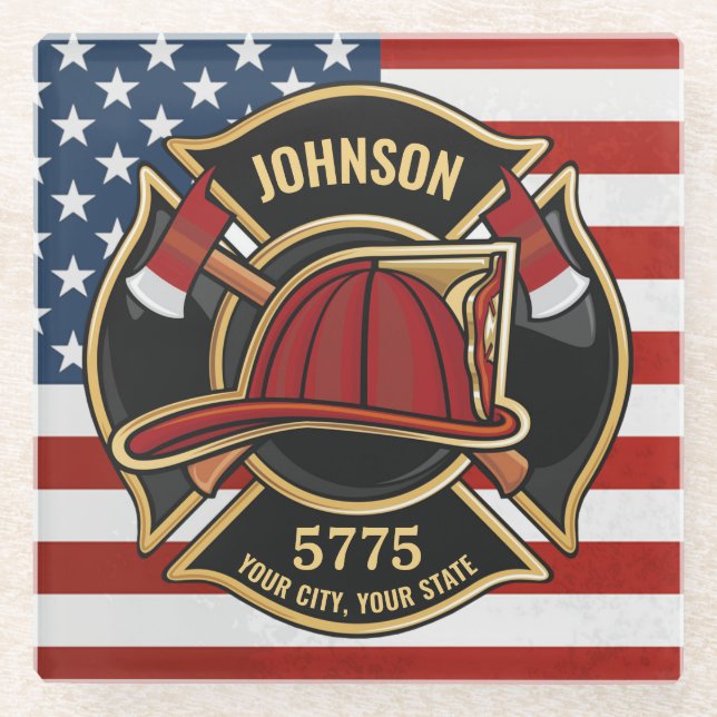 Dessous-de-verre En Verre Pompier Secourt incendie Département USA Drapeau p (Devant)