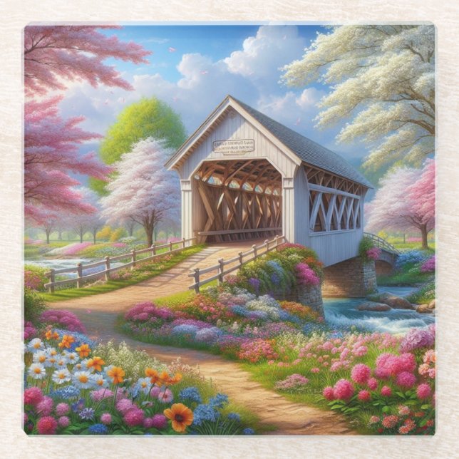 Dessous-de-verre En Verre Pont fleuri/ressort coloré et rivière (Devant)