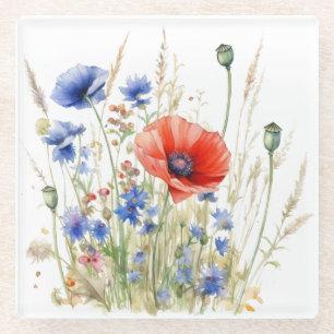 Dessous-de-verre En Verre Poppies et fleurs de cornouilles : aquarelle rusti