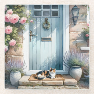 Dessous-de-verre En Verre Porche Floral Cottagecore avec Chat Calicot
