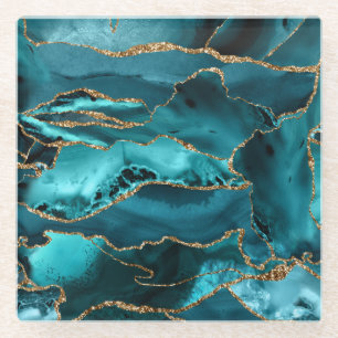 Dessous-de-verre En Verre Porte de Parties scintillant Turquoise bleue et or