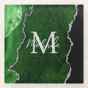 Dessous-de-verre En Verre Porte en marbre vert et argent