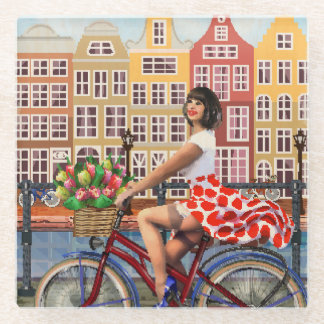 Dessous-de-verre En Verre Poster d'Amsterdam : Pin-Up Girl Cycling.