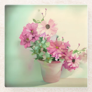 Dessous-de-verre En Verre Pot de fleurs d'aquarelle rose