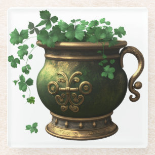 DESSOUS-DE-VERRE EN VERRE POT IRLANDAIS VERT & OR DE SHAMROCKS & VINES