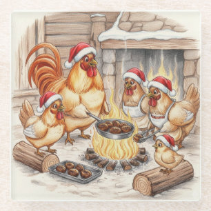 Dessous-de-verre En Verre Poulets de Noël rôtissant des châtaignes, dessous 