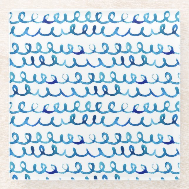 Dessous-de-verre En Verre Profil onduleux d'aquarelle bleue peinte à la main (Devant)
