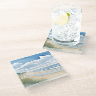 Dessous-de-verre En Verre Promenade du rivage Aquarelle de l'océan côtier