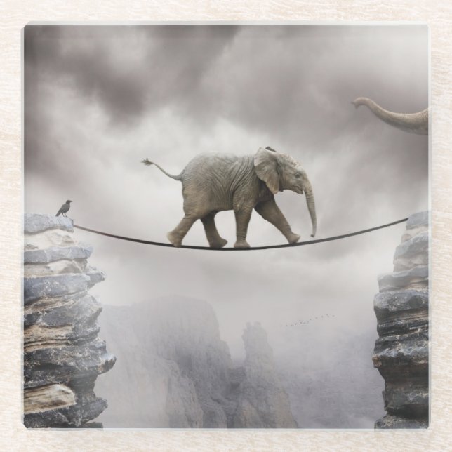 Dessous-de-verre En Verre Promenades d'éléphant de bébé Tightrope (Devant)