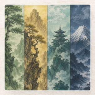 Dessous-de-verre En Verre Quatre Saisons Montagne Paysage à l'encre japona