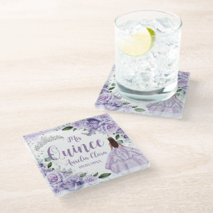 Dessous-de-verre En Verre Quinceañera Violet Rose Floral Silver Princesse
