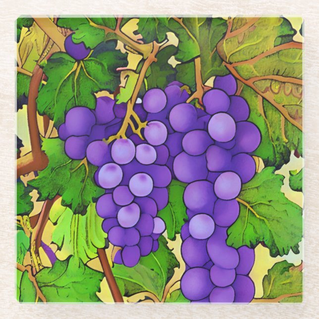 Dessous-de-verre En Verre Raisins pourpres sur un Grapevine (Devant)