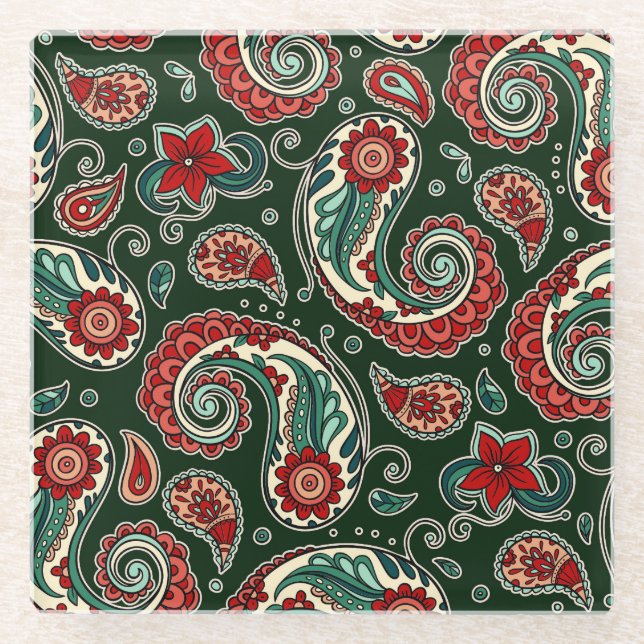Dessous-de-verre En Verre Red and Green Paisley Coaster (Devant)