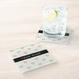 Dessous-de-verre En Verre Red Hearts Motif, Amour, Votre Nom, Personnaliser