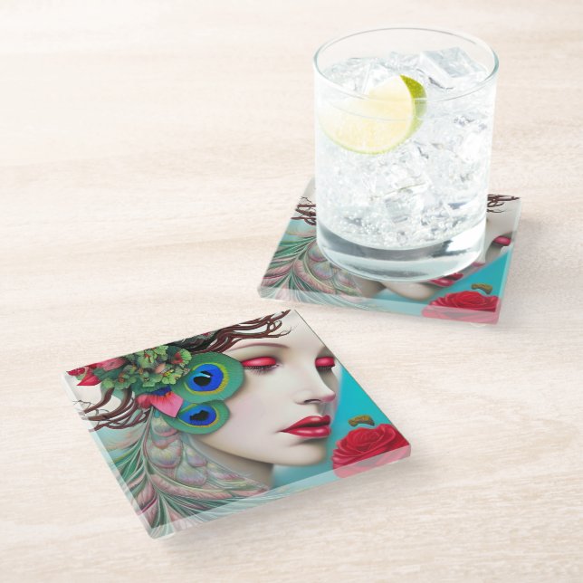 Dessous-de-verre En Verre Red Lips et Rose Peacock Abstrait (Incliné)