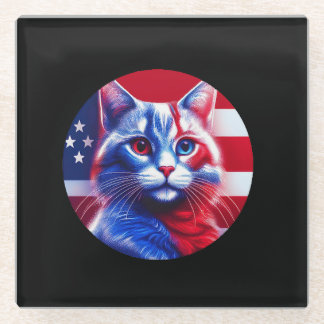 Dessous-de-verre En Verre Red White & Blue Cat With American Flag Background