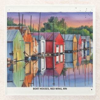 Dessous-de-verre En Verre Red Wing, MN Boat Houses, Glass Coaster