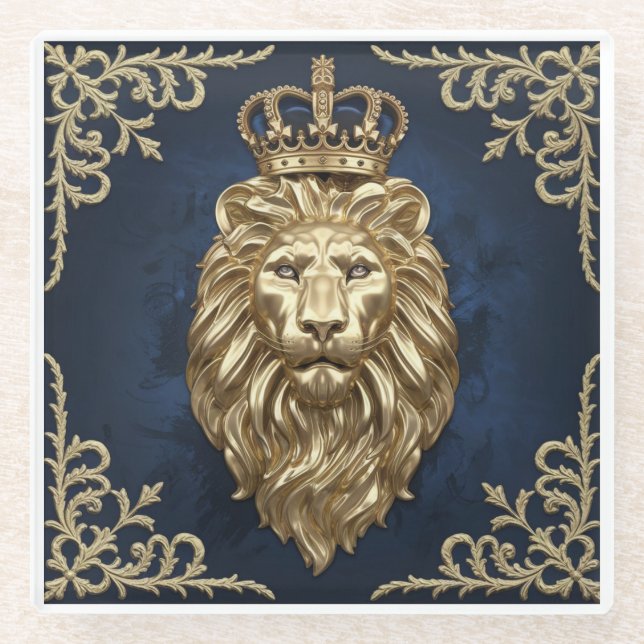 Dessous-de-verre En Verre Regal Lion Design - Marine Blue & Gold Luxury Deco (Devant)